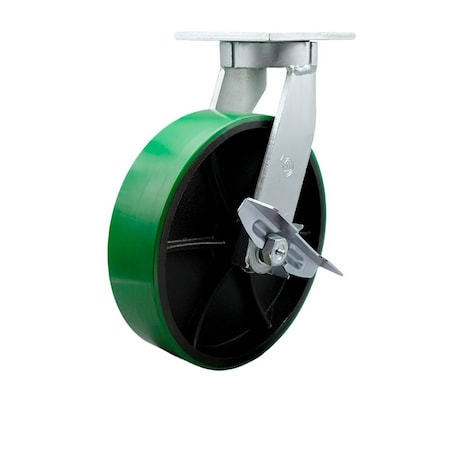 Service Caster 10'' Extra Heavy Duty Green Poly on Cast Iron Wheel Swivel Caster with Brake CRAN-SCC-KP92S1030-PUR-GB-SLB